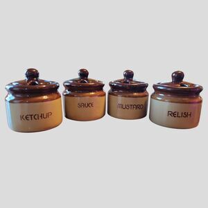 Mini Condiment Crocks with Lids and Spoon Holes (4) Ketchup-Sauce-Mustard-Relish